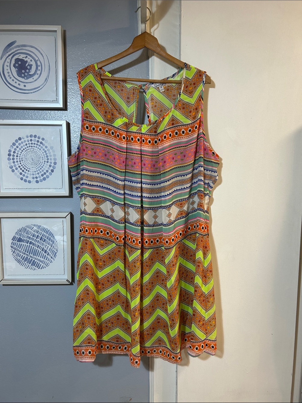 Speechless Women’s Plus Size 3X Neon Green, Orange & Pink Striped Geo Sun Dress